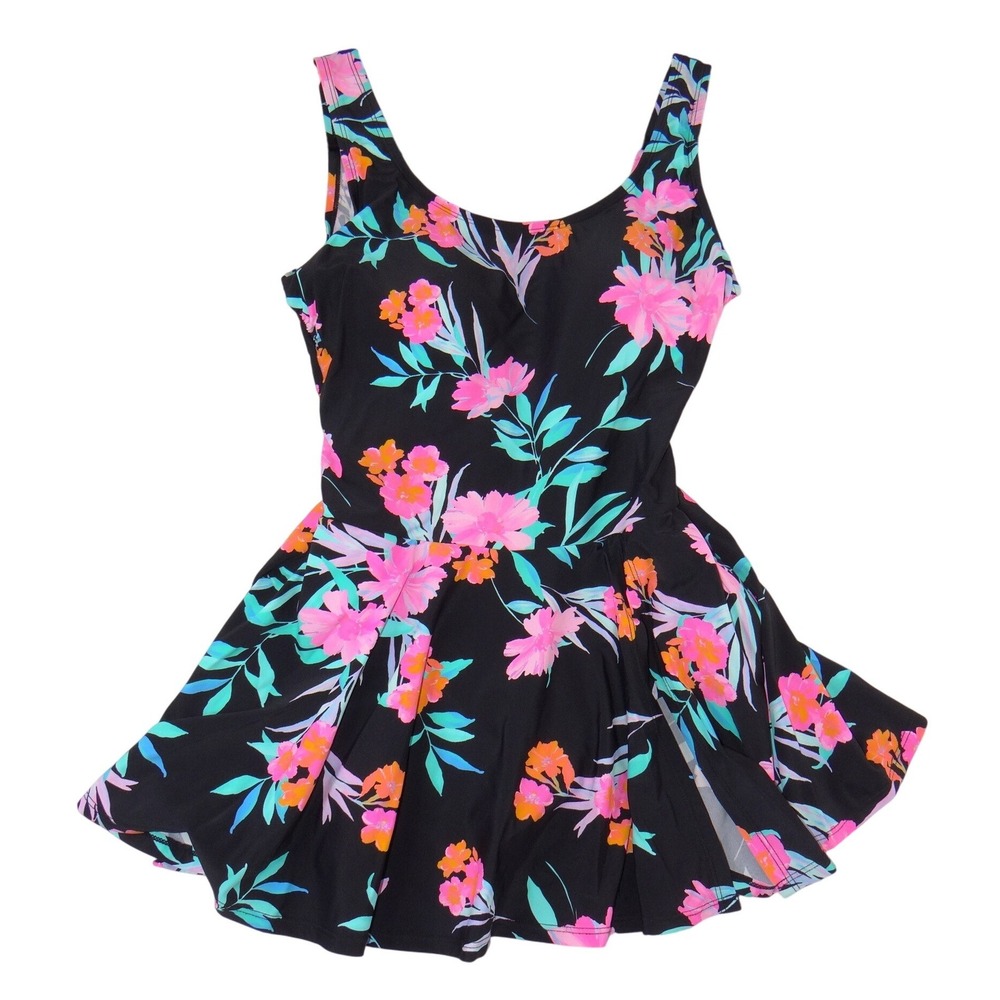 Shore Shapes Womens Floral Swimdress One Piece Swimsuit Black Pink 12